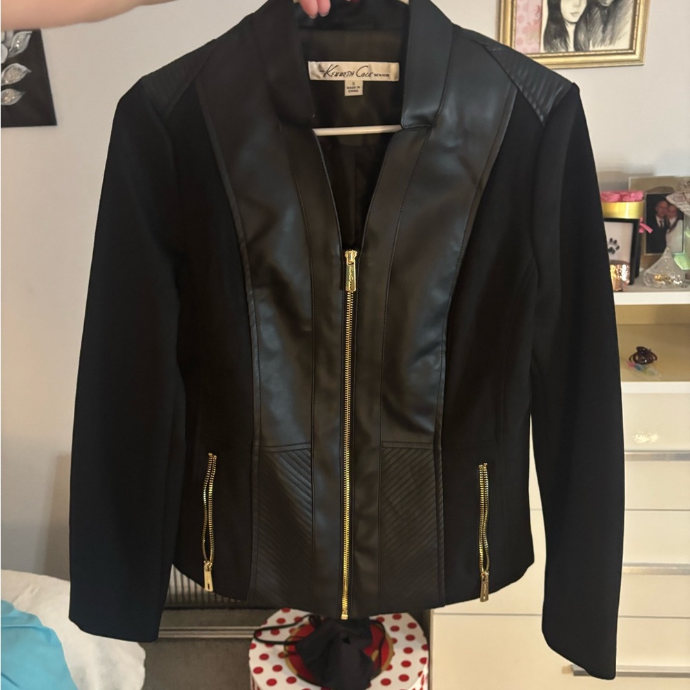 Kenneth Cole Black Leather Jacket with Gold Zippers
